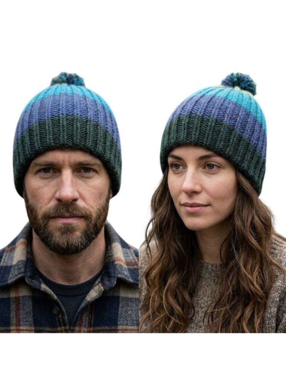 ⭐Handmade Chunky Knit Striped Pom Pom Beanie Hat Blue Green Adult Unisex OS New⭐